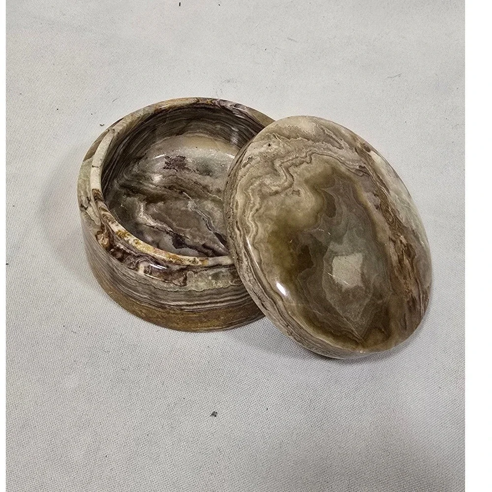 Vtg hand carved marbled stone cylindrical lidded trinket vanity box earthy boho